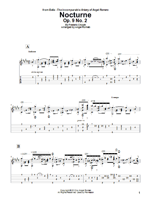 Angel Romero Nocturne, Op. 9 No. 2 sheet music notes and chords arranged for Solo Guitar
