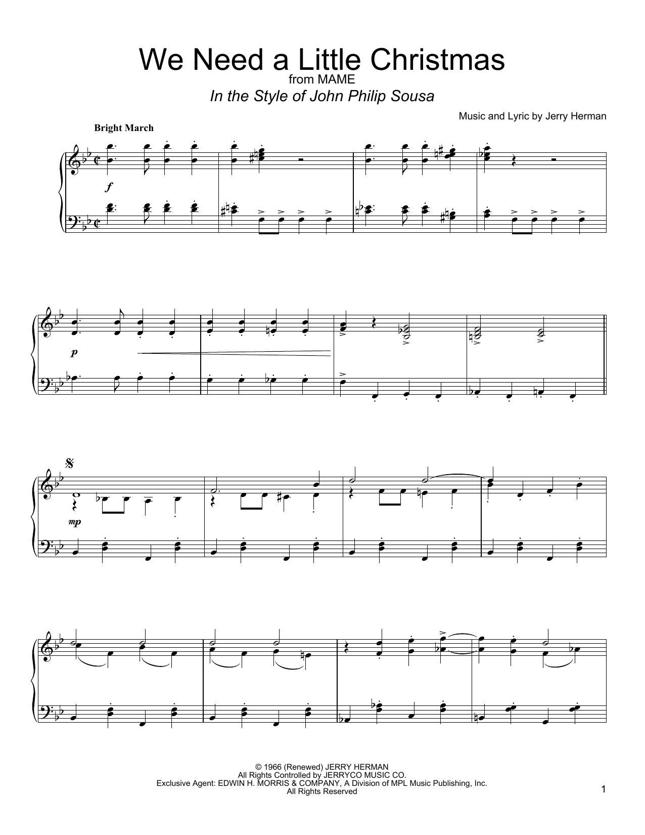 Angela Lansbury We Need A Little Christmas (in the style of John Philip Sousa) (arr. David Pearl) sheet music notes and chords arranged for Piano Solo