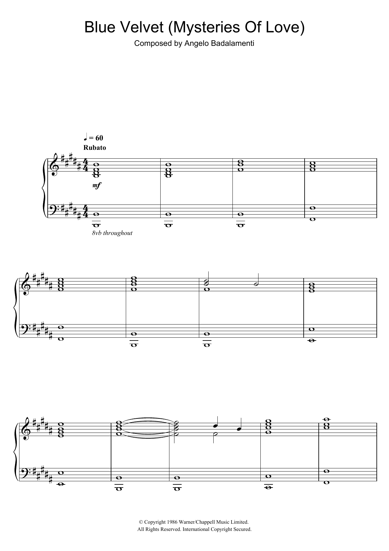 Angelo Badalamenti Blue Velvet (Mysteries Of Love) sheet music notes and chords arranged for Piano Solo
