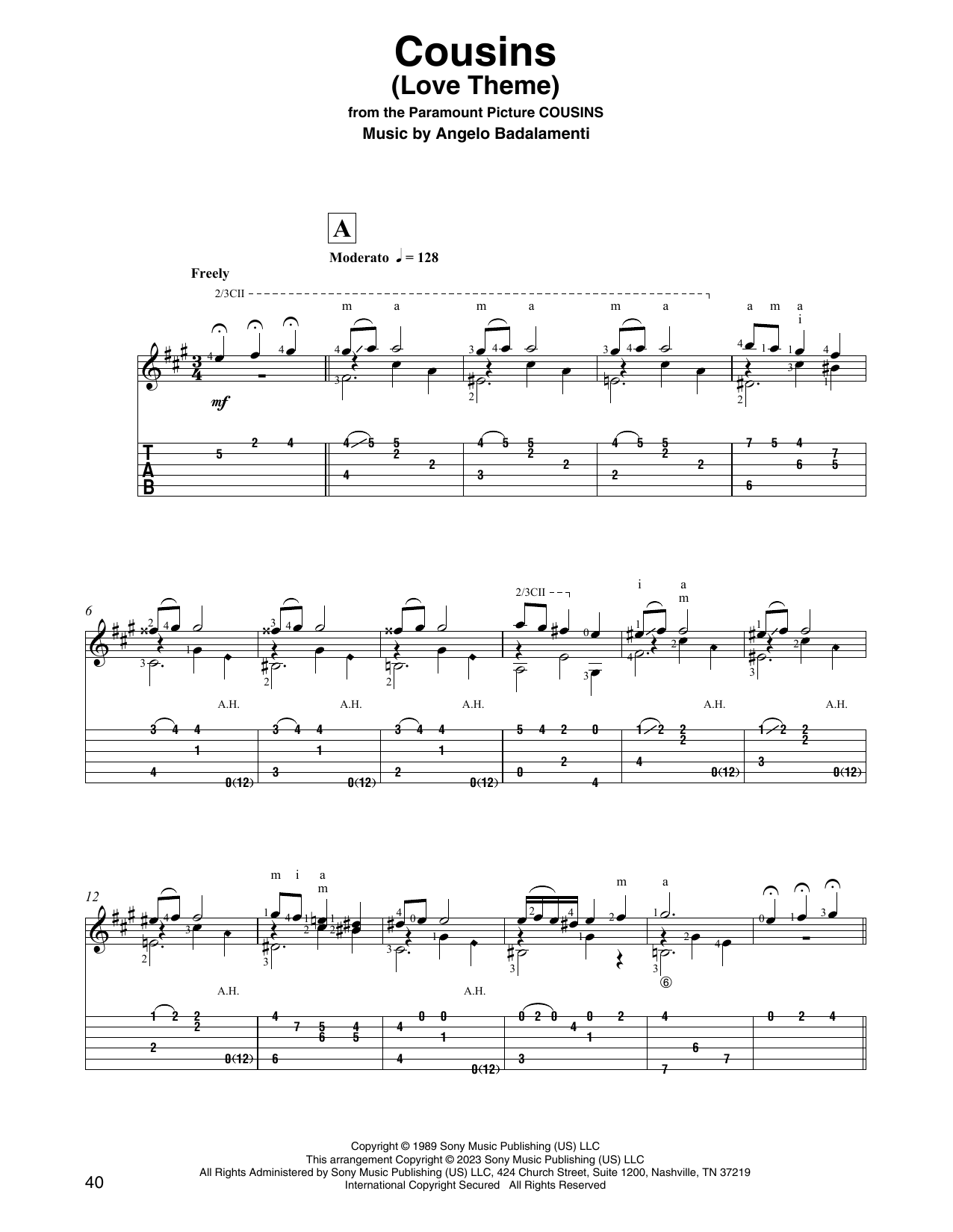 Angelo Badalamenti Cousins (Love Theme) (arr. David Jaggs) sheet music notes and chords arranged for Solo Guitar