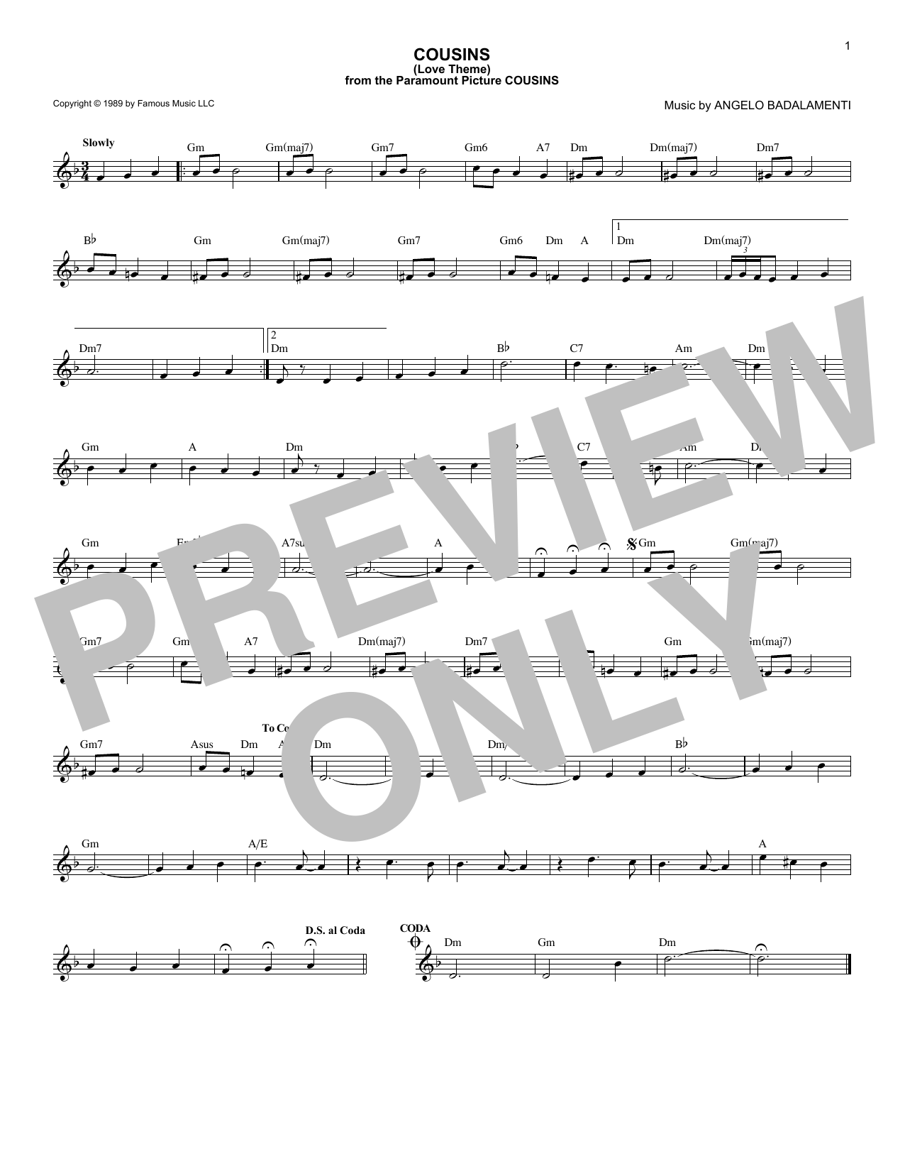 Angelo Badalamenti Cousins (Love Theme) sheet music notes and chords arranged for Lead Sheet / Fake Book