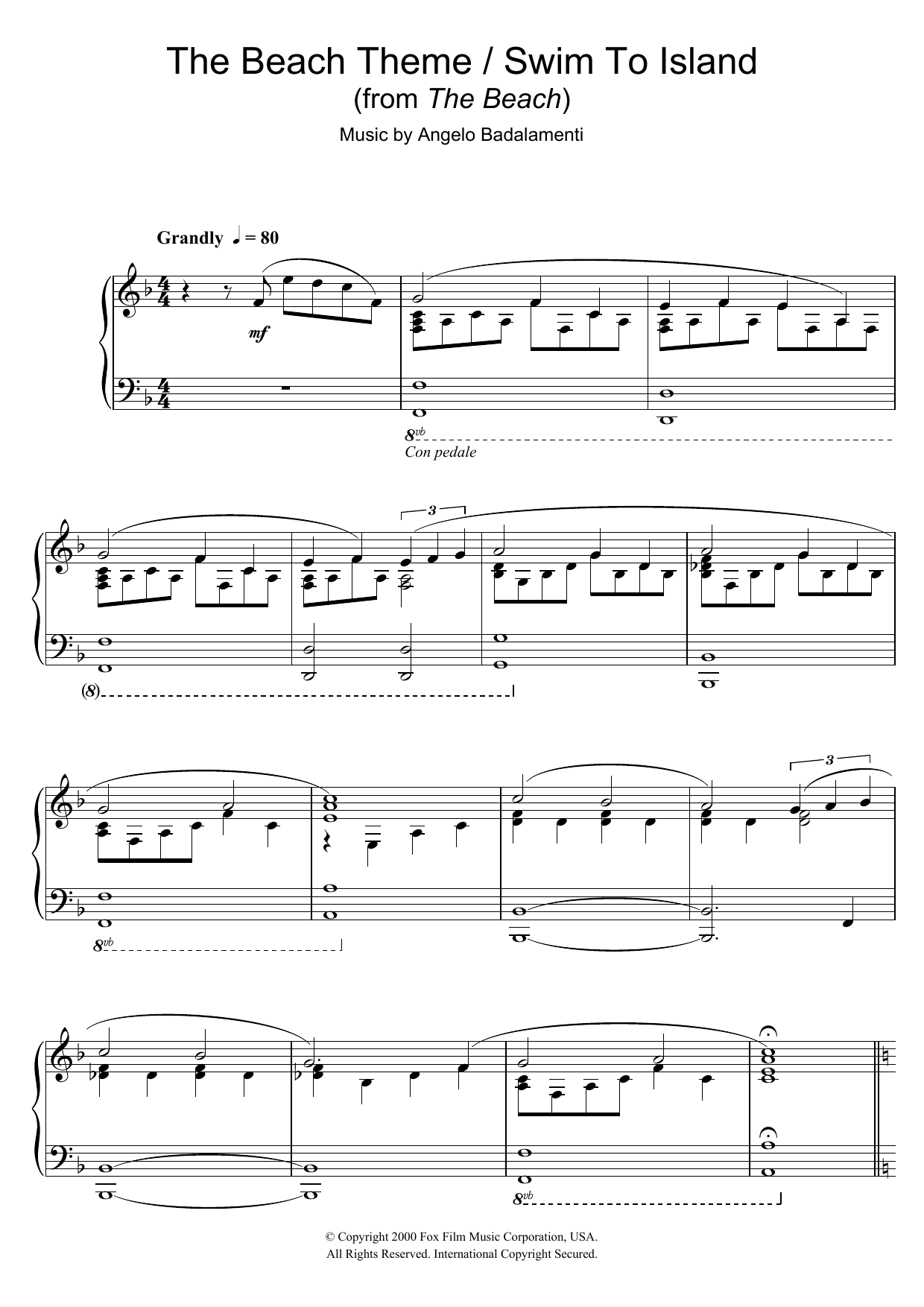 Angelo Badalamenti The Beach (The Beach Theme/Swim To Island) sheet music notes and chords arranged for Piano Solo