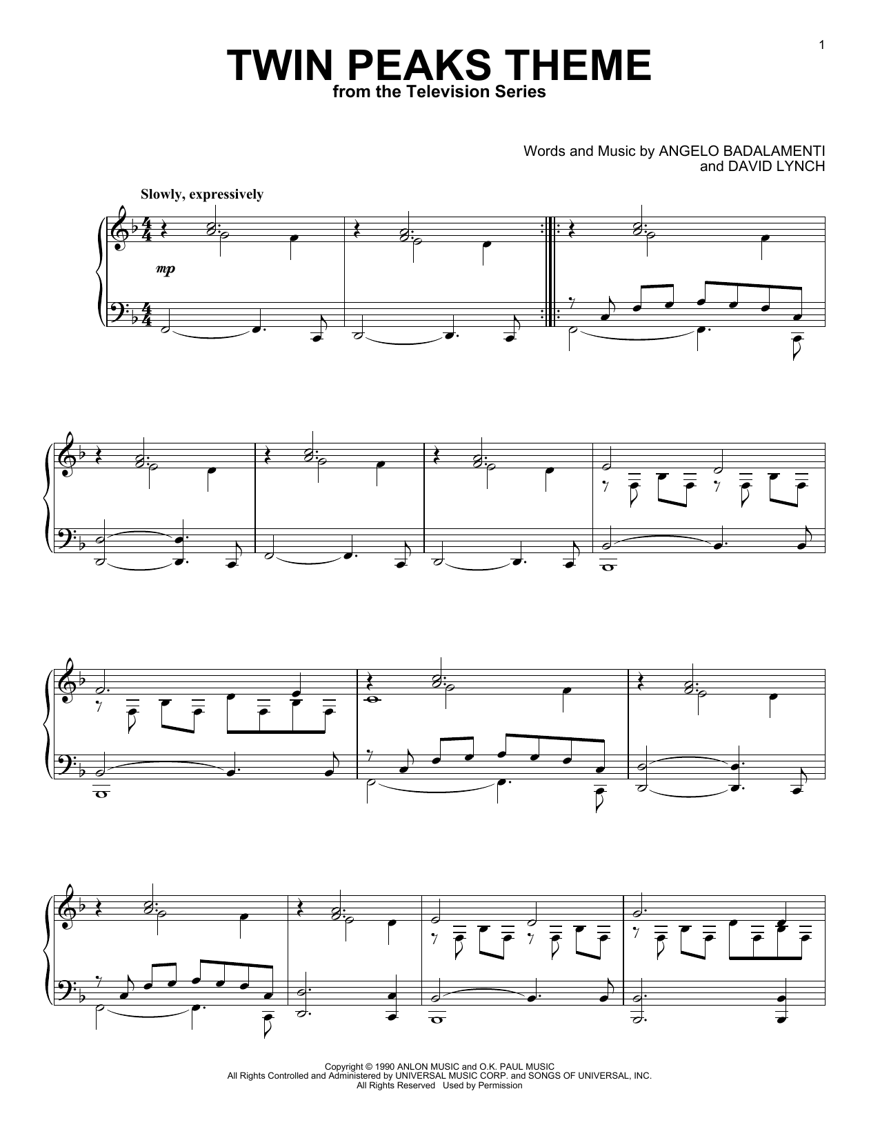 Angelo Badalamenti Twin Peaks Theme sheet music notes and chords arranged for Piano Solo