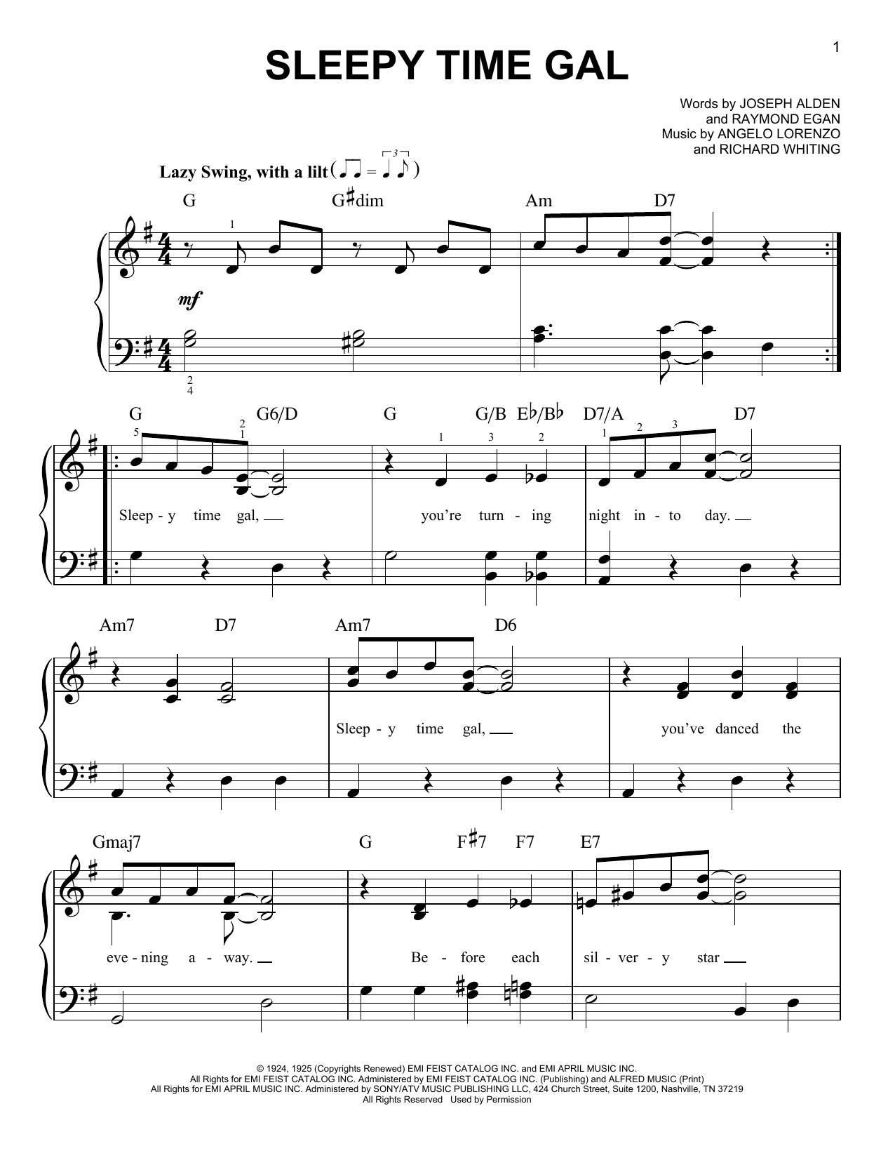 Angelo Lorenzo Sleepy Time Gal sheet music notes and chords arranged for Easy Piano