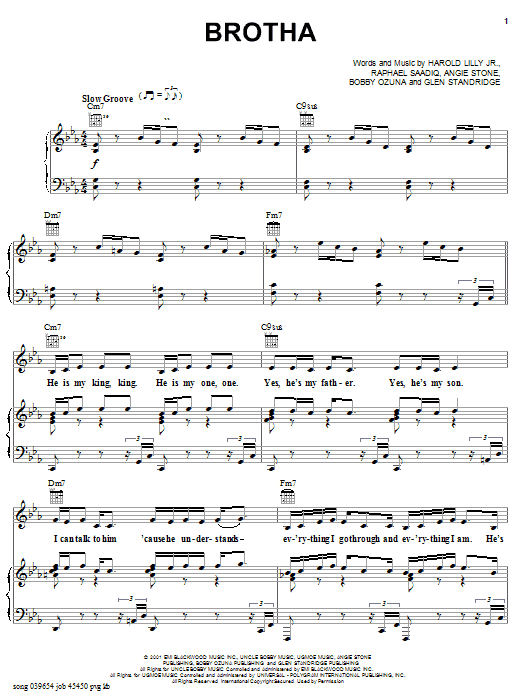 Angie Stone Brotha sheet music notes and chords arranged for Piano, Vocal & Guitar Chords (Right-Hand Melody)