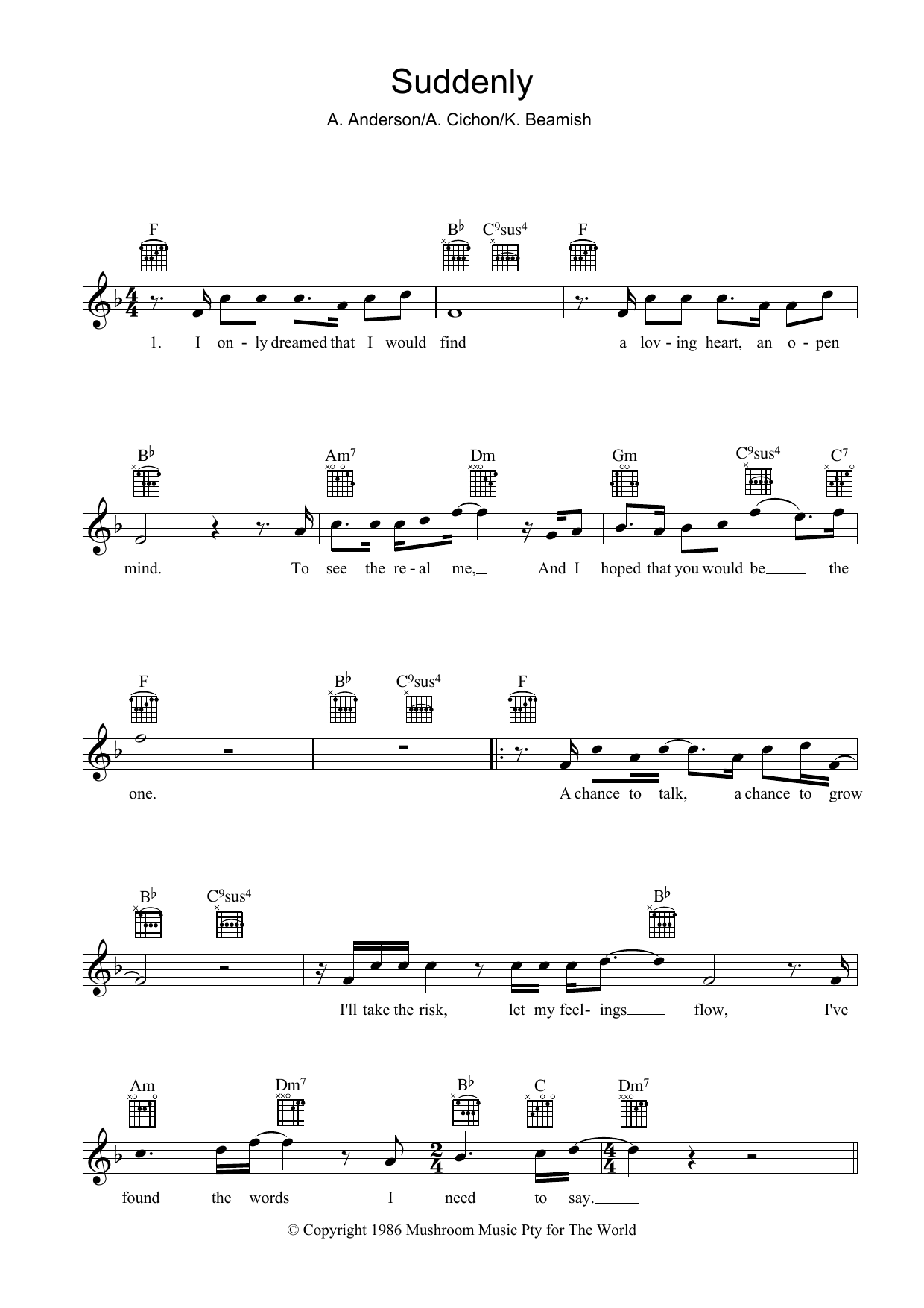 Angry Anderson Suddenly sheet music notes and chords arranged for Lead Sheet / Fake Book