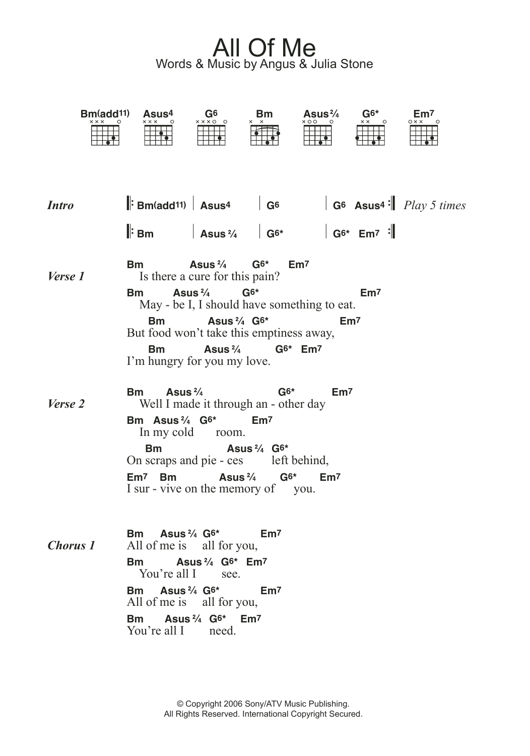 Angus & Julia Stone All Of Me sheet music notes and chords arranged for Guitar Chords/Lyrics