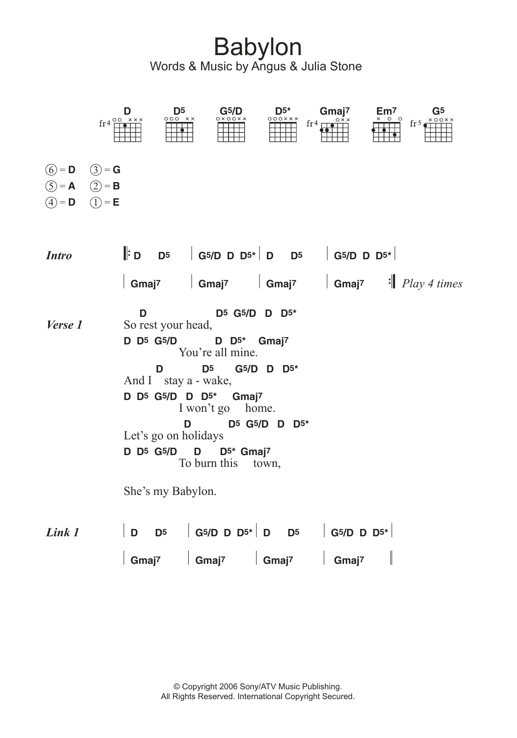 Angus & Julia Stone Babylon sheet music notes and chords arranged for Guitar Chords/Lyrics
