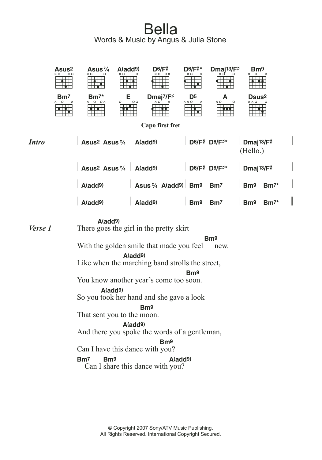 Angus & Julia Stone Bella sheet music notes and chords arranged for Guitar Chords/Lyrics