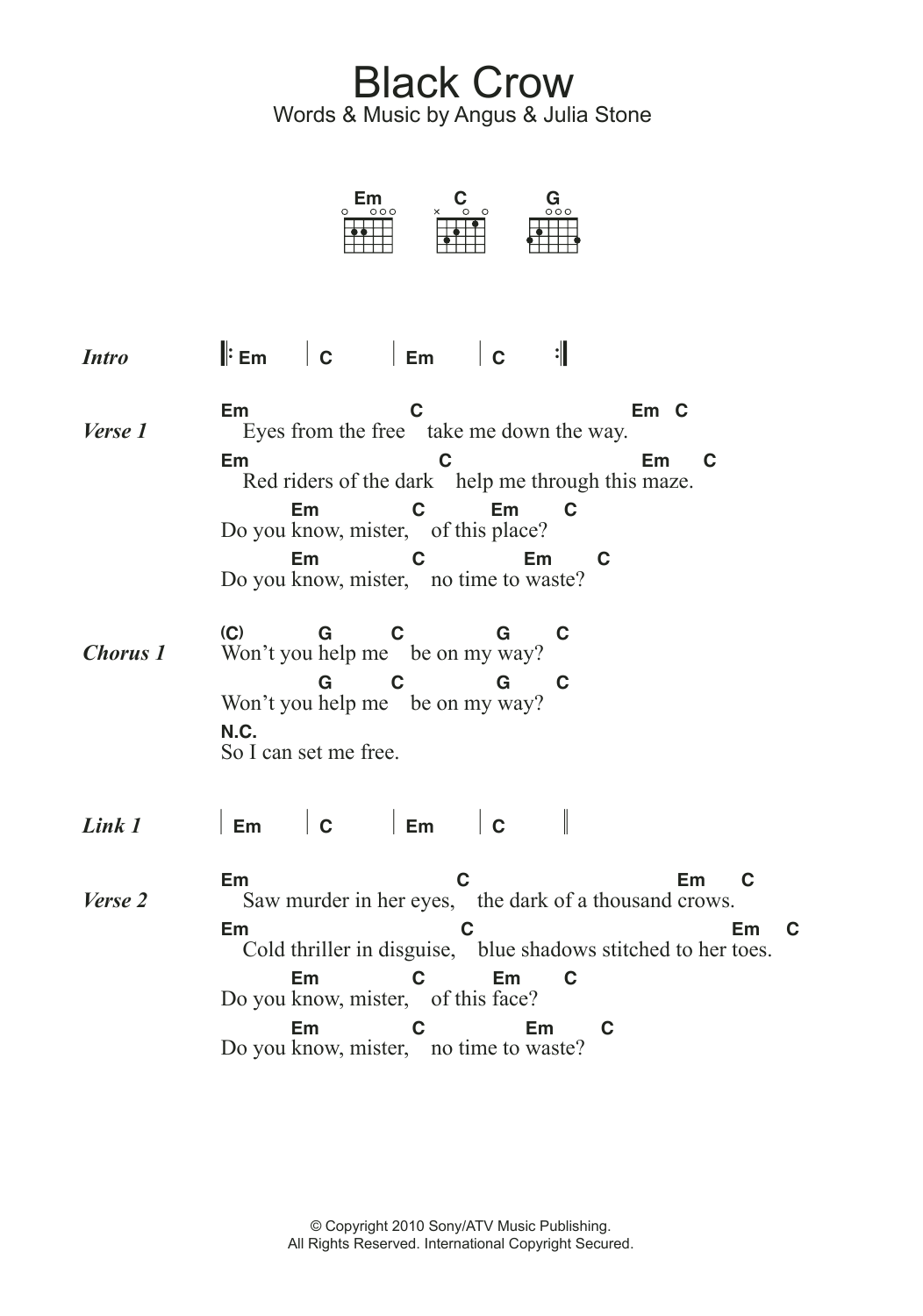 Angus & Julia Stone Black Crow sheet music notes and chords arranged for Guitar Chords/Lyrics