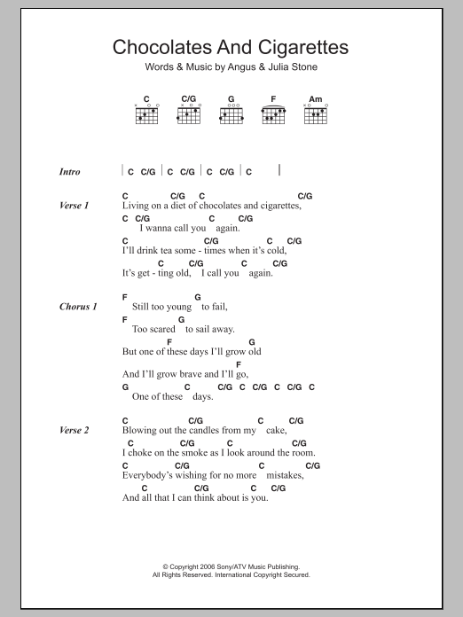 Angus & Julia Stone Chocolates And Cigarettes sheet music notes and chords arranged for Guitar Chords/Lyrics