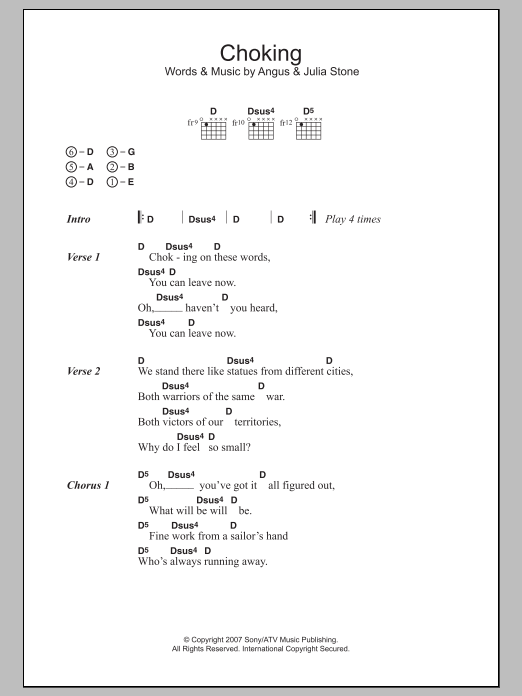 Angus & Julia Stone Choking sheet music notes and chords arranged for Guitar Chords/Lyrics
