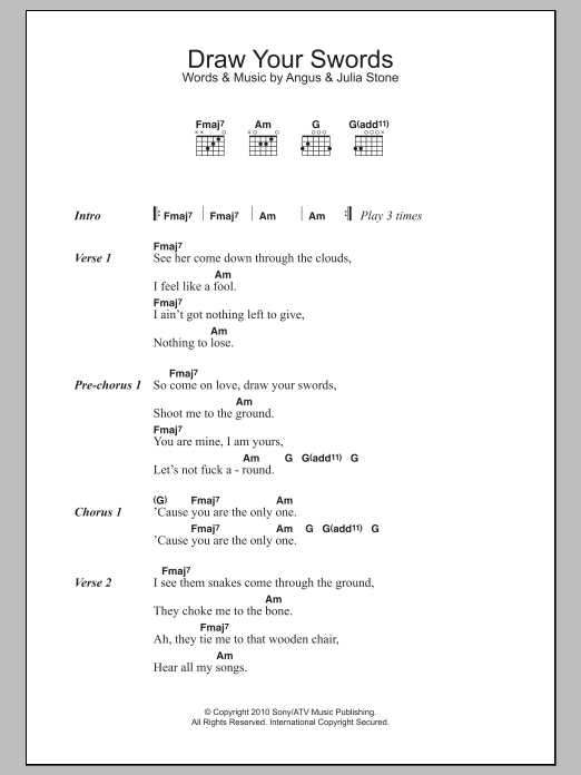 Angus & Julia Stone Draw Your Swords sheet music notes and chords arranged for Guitar Chords/Lyrics
