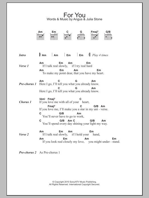 Angus & Julia Stone For You sheet music notes and chords arranged for Guitar Chords/Lyrics