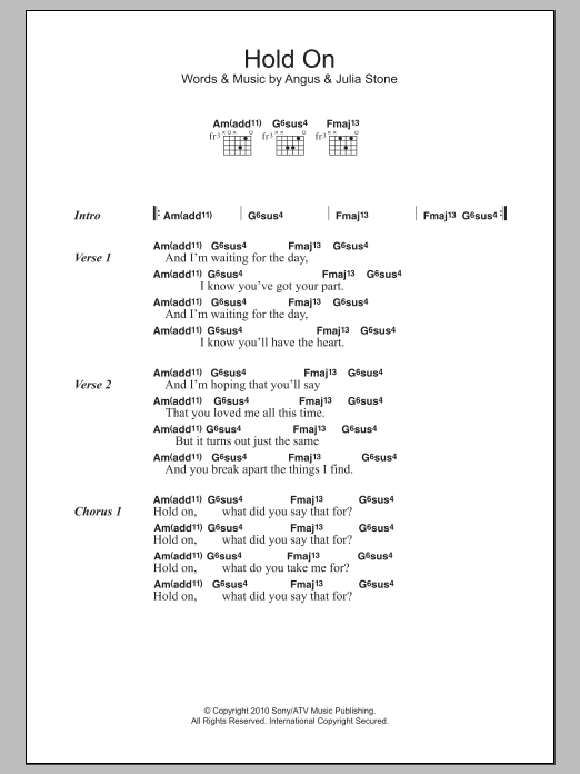 Angus & Julia Stone Hold On sheet music notes and chords arranged for Guitar Chords/Lyrics