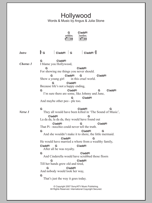 Angus & Julia Stone Hollywood sheet music notes and chords arranged for Guitar Chords/Lyrics