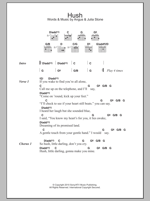 Angus & Julia Stone Hush sheet music notes and chords arranged for Guitar Chords/Lyrics