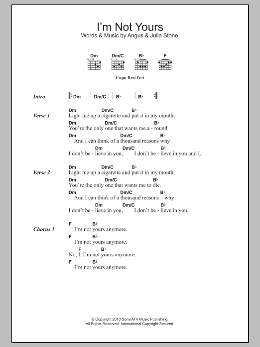 Angus & Julia Stone I'm Not Yours sheet music notes and chords arranged for Guitar Chords/Lyrics