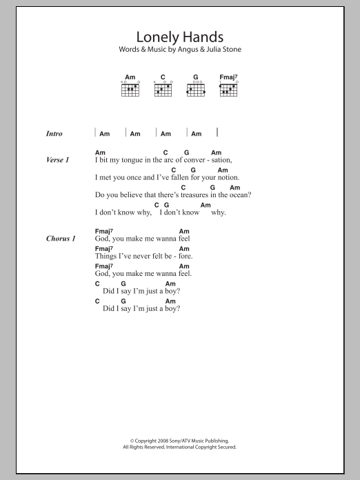 Angus & Julia Stone Lonely Hands sheet music notes and chords arranged for Guitar Chords/Lyrics