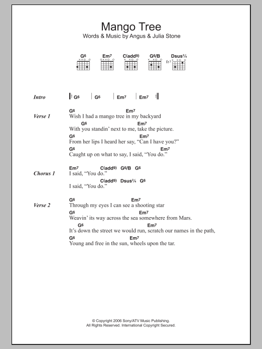 Angus & Julia Stone Mango Tree sheet music notes and chords arranged for Guitar Chords/Lyrics