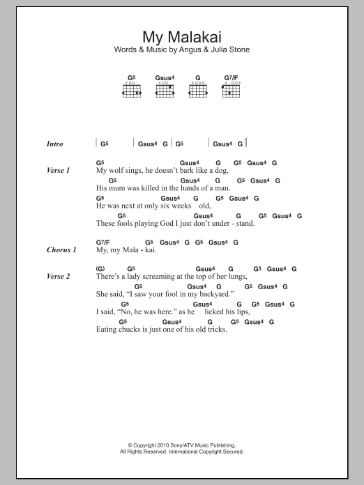 Angus & Julia Stone My Malakai sheet music notes and chords arranged for Guitar Chords/Lyrics