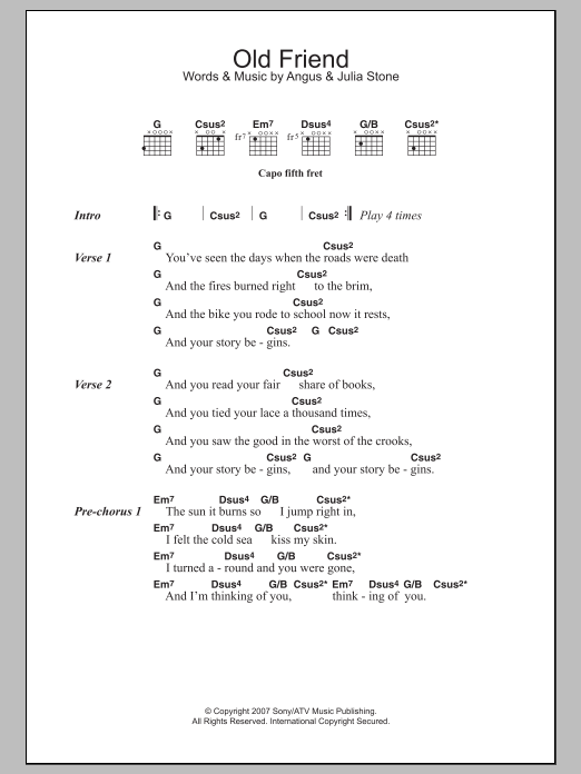 Angus & Julia Stone Old Friend sheet music notes and chords arranged for Guitar Chords/Lyrics