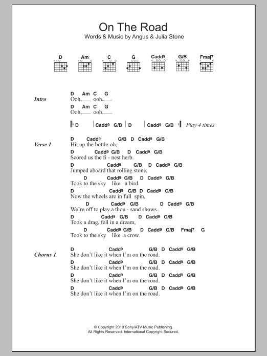 Angus & Julia Stone On The Road sheet music notes and chords arranged for Guitar Chords/Lyrics