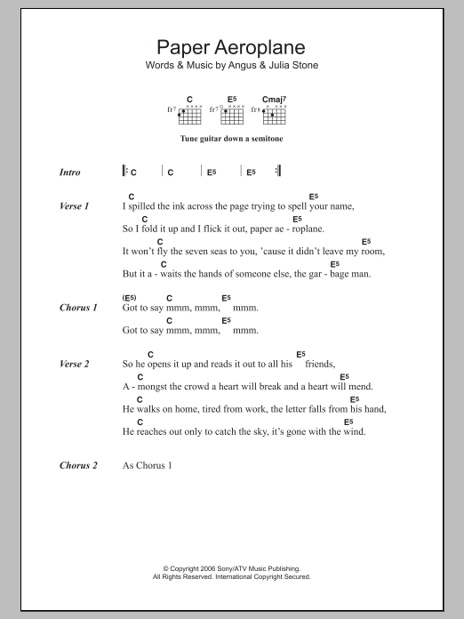 Angus & Julia Stone Paper Aeroplane sheet music notes and chords arranged for Guitar Chords/Lyrics