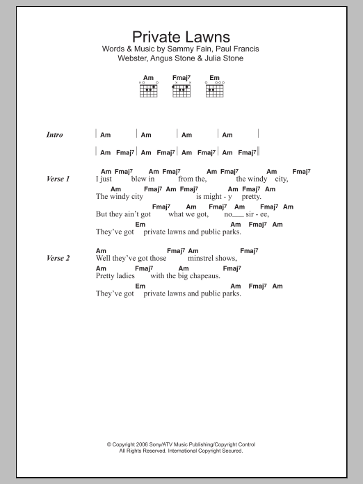 Angus & Julia Stone Private Lawns sheet music notes and chords arranged for Guitar Chords/Lyrics