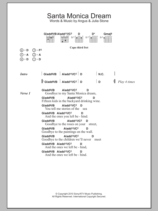Angus & Julia Stone Santa Monica Dream sheet music notes and chords arranged for Guitar Chords/Lyrics