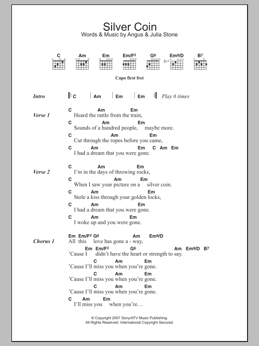 Angus & Julia Stone Silver Coin sheet music notes and chords arranged for Guitar Chords/Lyrics