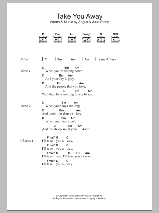 Angus & Julia Stone Take You Away sheet music notes and chords arranged for Guitar Chords/Lyrics