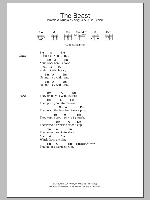 Angus & Julia Stone The Beast sheet music notes and chords arranged for Guitar Chords/Lyrics