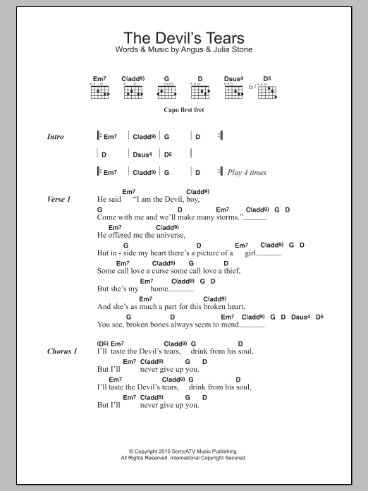 Angus & Julia Stone The Devil's Tears sheet music notes and chords arranged for Guitar Chords/Lyrics