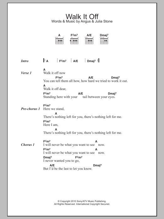 Angus & Julia Stone Walk It Off sheet music notes and chords arranged for Guitar Chords/Lyrics