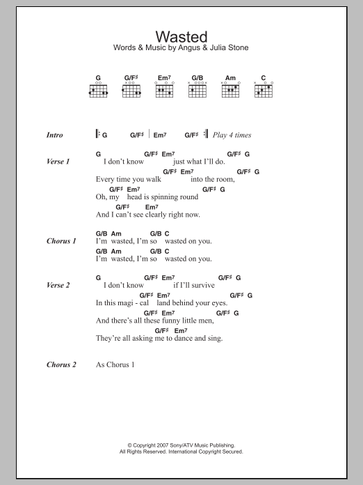 Angus & Julia Stone Wasted sheet music notes and chords arranged for Guitar Chords/Lyrics