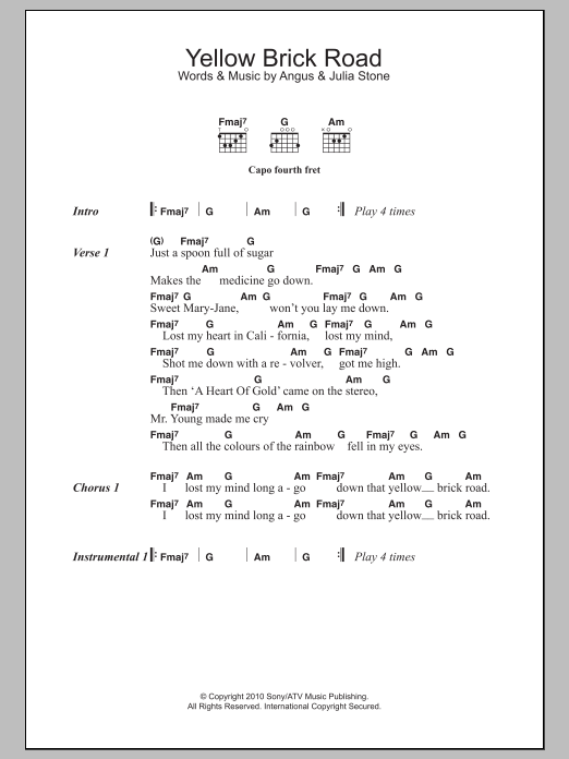 Angus & Julia Stone Yellow Brick Road sheet music notes and chords arranged for Guitar Chords/Lyrics