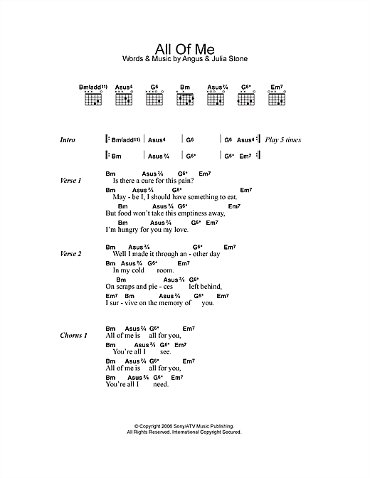 Angus & Julia Stone All Of Me sheet music notes and chords arranged for Guitar Chords/Lyrics