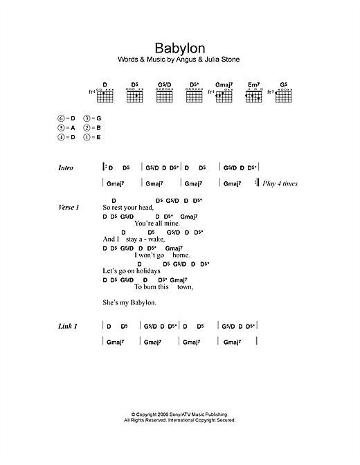 Angus & Julia Stone Babylon sheet music notes and chords arranged for Guitar Chords/Lyrics