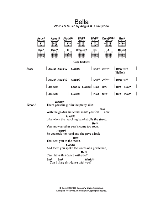 Angus & Julia Stone Bella sheet music notes and chords arranged for Guitar Chords/Lyrics