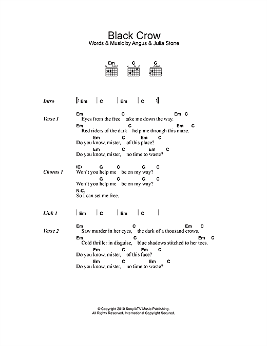 Angus & Julia Stone Black Crow sheet music notes and chords arranged for Guitar Chords/Lyrics