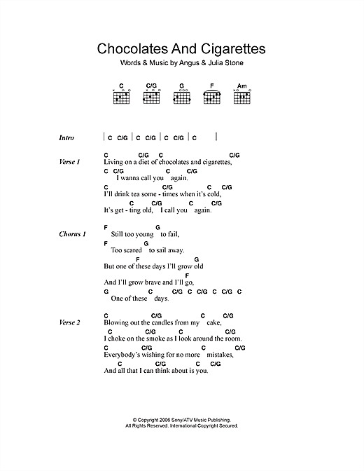 Angus & Julia Stone Chocolates And Cigarettes sheet music notes and chords arranged for Guitar Chords/Lyrics