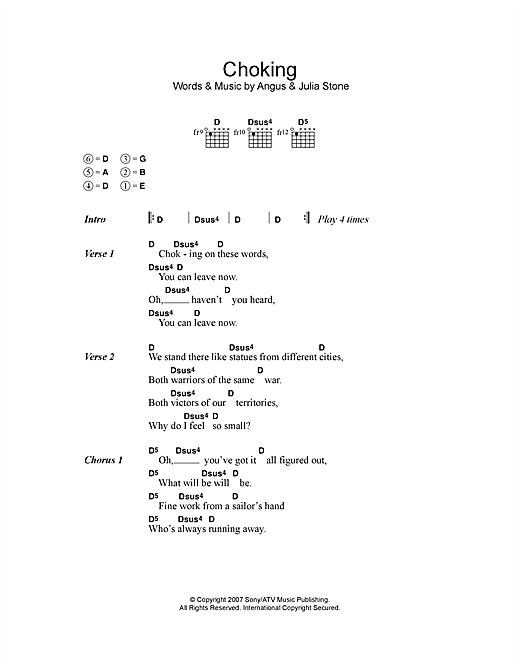 Angus & Julia Stone Choking sheet music notes and chords arranged for Guitar Chords/Lyrics