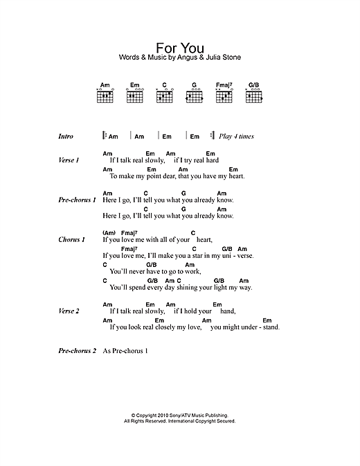 Angus & Julia Stone For You sheet music notes and chords arranged for Guitar Chords/Lyrics