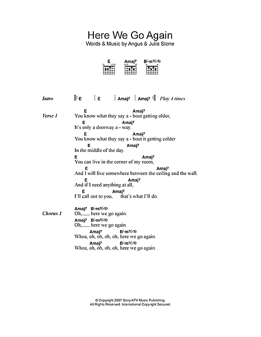 Angus & Julia Stone Here We Go Again sheet music notes and chords arranged for Guitar Chords/Lyrics