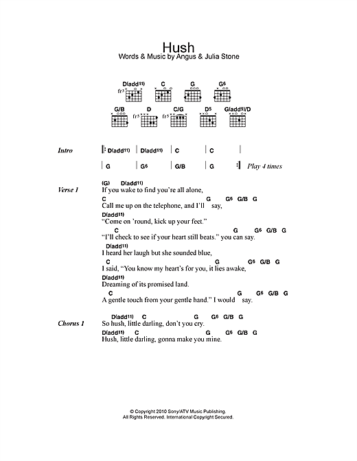 Angus & Julia Stone Hush sheet music notes and chords arranged for Guitar Chords/Lyrics