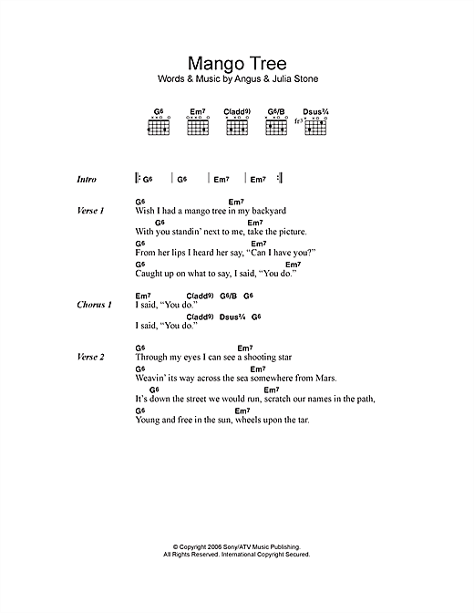 Angus & Julia Stone Mango Tree sheet music notes and chords arranged for Guitar Chords/Lyrics