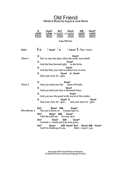 Angus & Julia Stone Old Friend sheet music notes and chords arranged for Guitar Chords/Lyrics