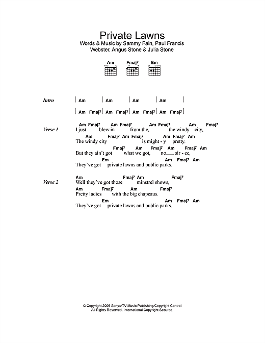 Angus & Julia Stone Private Lawns sheet music notes and chords arranged for Guitar Chords/Lyrics