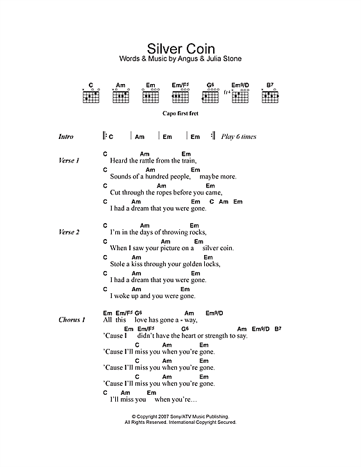 Angus & Julia Stone Silver Coin sheet music notes and chords arranged for Guitar Chords/Lyrics